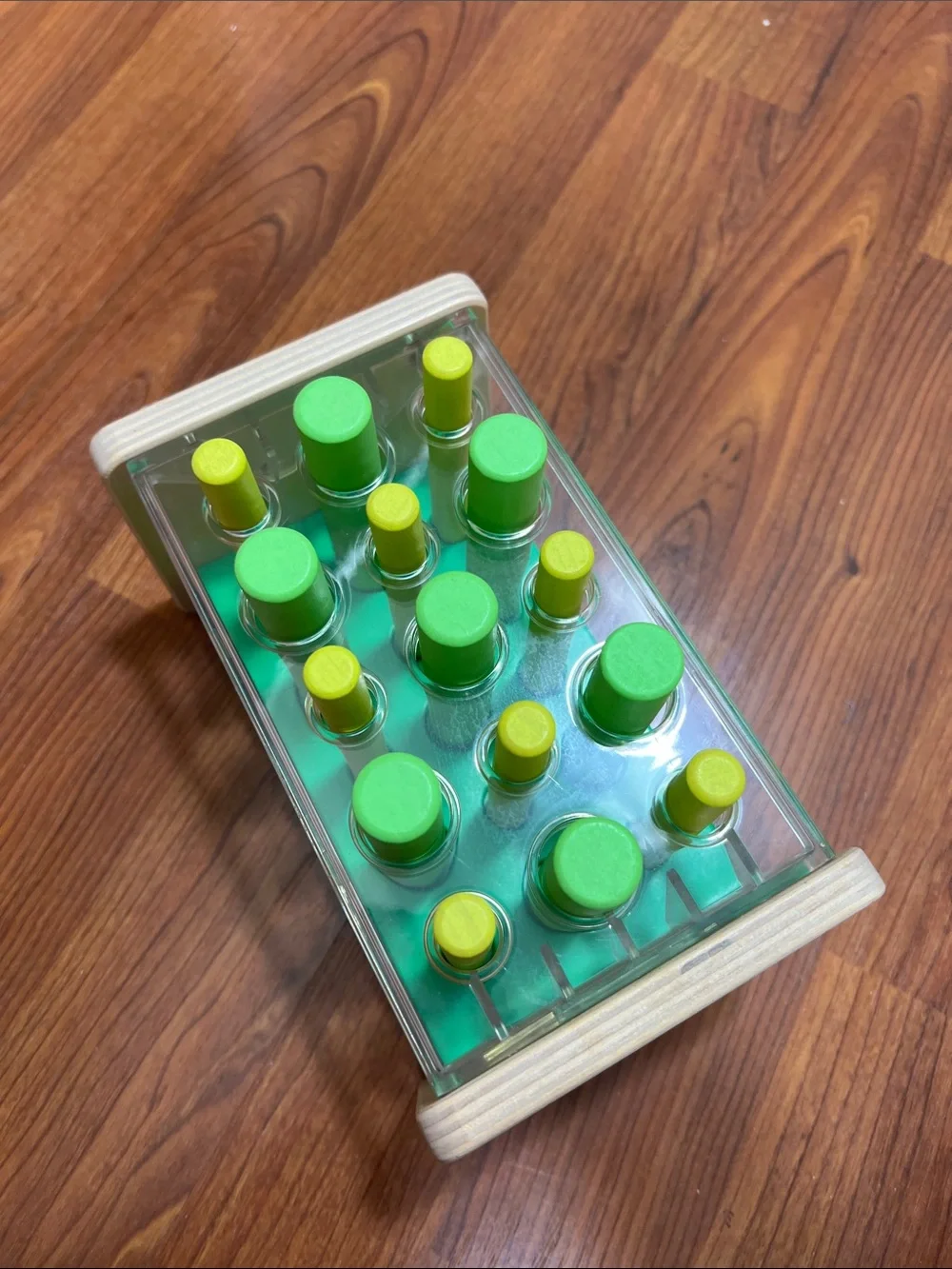 Lovevery Wooden Posting Stand Educational Toy Green and Yellow
